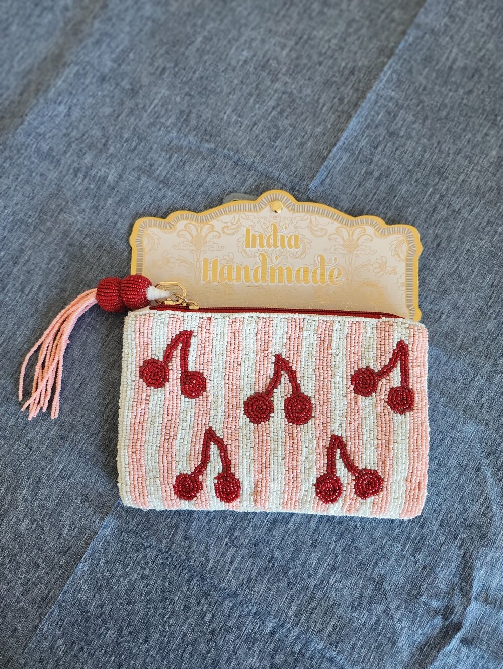 NEW Handmade In India Beaded Cherry Wristlet Pouch - Pink & Red With Tassel Pull